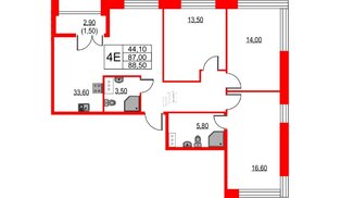 Квартира в ЖК NEWПИТЕР, 3 комнатная, 88.5 м², 8 этаж