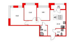 Квартира в ЖК NEWПИТЕР, 3 комнатная, 74 м², 2 этаж