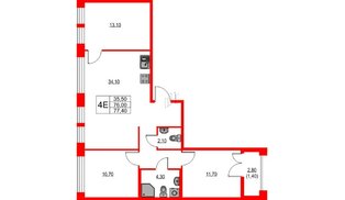 Квартира в ЖК NEWПИТЕР, 3 комнатная, 77.4 м², 2 этаж
