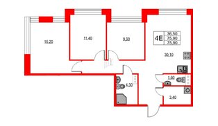 Квартира в ЖК NEWПИТЕР, 3 комнатная, 75.9 м², 4 этаж
