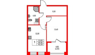 Квартира в ЖК «Новый Питер», 1 комнатная, 42.2 м², 3 этаж