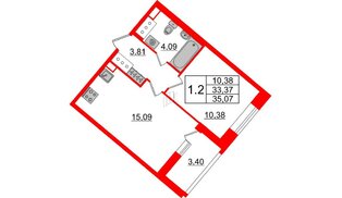 Квартира в ЖК «Пульс Премьер», 1 комнатная, 33.37 м², 14 этаж