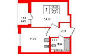 Квартира в ЖК Аквилон All in 3.0, 1 комнатная, 33.83 м², 11 этаж