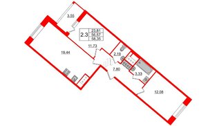 Квартира в ЖК «Пульс Премьер», 2 комнатная, 56.57 м², 16 этаж