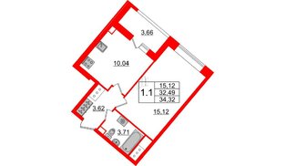 Квартира в ЖК «Пульс Премьер», 1 комнатная, 31.9 м², 5 этаж