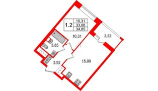 Квартира в ЖК «Пульс Премьер», 1 комнатная, 32.6 м², 20 этаж