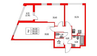 Квартира в ЖК «Лайнеръ», 2 комнатная, 66.6 м², 9 этаж