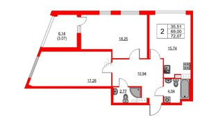 Квартира в ЖК «Лайнеръ», 2 комнатная, 72.07 м², 11 этаж