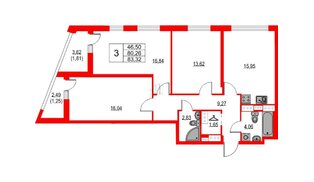 Квартира в ЖК Лайнеръ, 3 комнатная, 83.32 м², 16 этаж