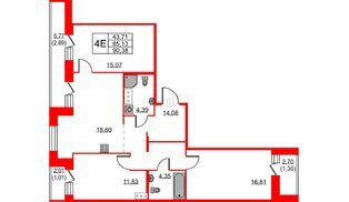 Квартира в ЖК ID Светлановский, 3 комнатная, 90.38 м², 12 этаж