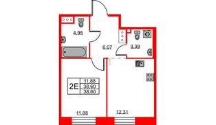 Квартира в ЖК ID Светлановский, 1 комнатная, 38.6 м², 3 этаж