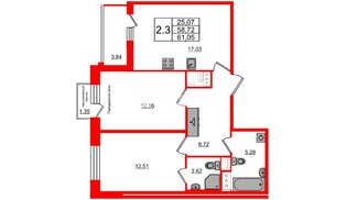 Квартира в ЖК «Прайм Приморский», 2 комнатная, 57.6 м², 2 этаж