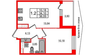 Квартира в ЖК Прайм Приморский, 1 комнатная, 34 м², 10 этаж