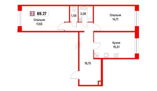 Квартира в ЖК «Фотограф», 2 комнатная, 61.9 м², 1 этаж