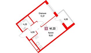Квартира в ЖК Фотограф, 1 комнатная, 41.23 м², 2 этаж