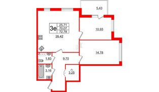 Квартира в ЖК Малая Финляндия, 2 комнатная, 72.78 м², 7 этаж