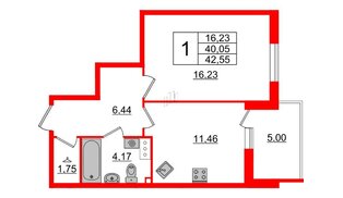 Квартира в ЖК Малая Финляндия, 1 комнатная, 42.55 м², 5 этаж