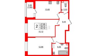 Квартира в ЖК «Аквилон Ливз», 2 комнатная, 60.78 м², 12 этаж
