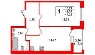 Квартира в ЖК Аквилон Leaves, 1 комнатная, 44.21 м², 2 этаж