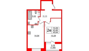 Квартира в ЖК Аквилон Leaves, 1 комнатная, 45.04 м², 7 этаж