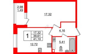 Квартира в ЖК Аквилон Leaves, 1 комнатная, 41.1 м², 10 этаж