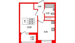 Квартира в ЖК Квартал «Новый Московский», 1 комнатная, 34.18 м², 10 этаж