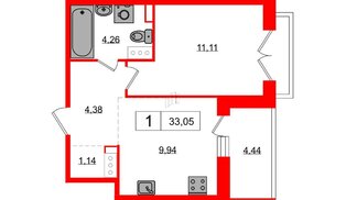 Квартира в ЖК Янила, 1 комнатная, 32.7 м², 2 этаж
