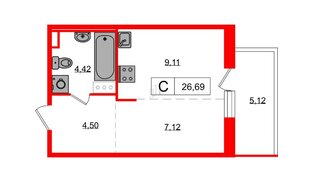 Квартира в ЖК Янила, студия, 26.2 м², 3 этаж