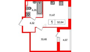 Квартира в ЖК Янила, 1 комнатная, 32.64 м², 1 этаж