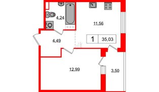 Квартира в ЖК Янила, 1 комнатная, 34.9 м², 4 этаж