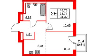 Квартира в ЖК Квартал Лаголово, 1 комнатная, 34.32 м², 3 этаж