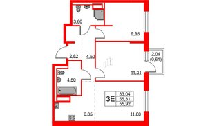 Квартира в ЖК Квартал Лаголово, 2 комнатная, 55.92 м², 7 этаж