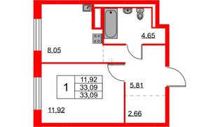 Квартира в ЖК Квартал Лаголово, 1 комнатная, 33.09 м², 3 этаж