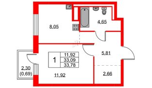 Квартира в ЖК Квартал Лаголово, 1 комнатная, 33.78 м², 6 этаж