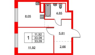Квартира в ЖК Квартал Лаголово, 1 комнатная, 33.09 м², 8 этаж