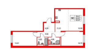 Квартира в ЖК «Квартал Лаголово», 2 комнатная, 65.67 м², 3 этаж
