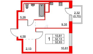 Квартира в ЖК Квартал Лаголово, 1 комнатная, 32.83 м², 3 этаж