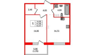 Квартира в ЖК «Ю Гатчина», 1 комнатная, 42.8 м², 2 этаж
