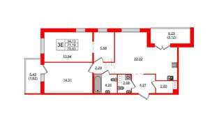 Квартира в ЖК «IQ», 3 комнатная, 75.9 м², 6 этаж