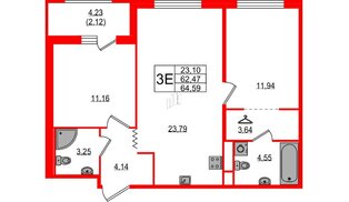 Квартира в ЖК Квартал «Воронцовский», 2 комнатная, 64.59 м², 1 этаж