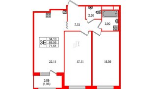 Квартира в ЖК UP-квартал Воронцовский, 2 комнатная, 71.51 м², 11 этаж