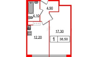 Апартаменты в ЖК Апарт-отель «Начало», 1 комнатные, 38.5 м², 13 этаж