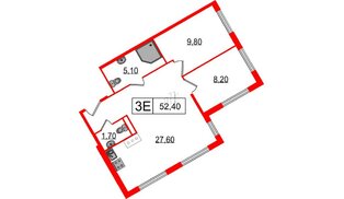 Апартаменты в ЖК Апарт-отель «Начало», 2 комнатные, 52.4 м², 11 этаж