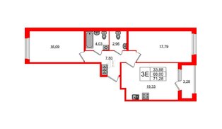 Квартира в ЖК Квартал Б15, 2 комнатная, 68 м², 2 этаж