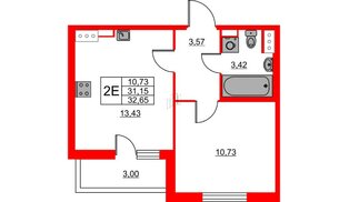 Квартира в ЖК «Лето», 1 комнатная, 32.65 м², 15 этаж