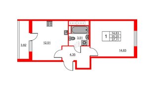 Квартира в ЖК «Лето», 1 комнатная, 37.11 м², 3 этаж
