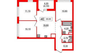 Квартира в ЖК А101 Всеволожск, 3 комнатная, 65.8 м², 5 этаж