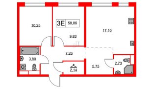 Квартира в ЖК Янинский Лес, 2 комнатная, 58.86 м², 1 этаж