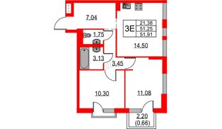 Квартира в ЖК «Невская долина», 2 комнатная, 51.91 м², 7 этаж