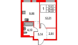 Квартира в ЖК Невская долина, 1 комнатная, 34.22 м², 11 этаж